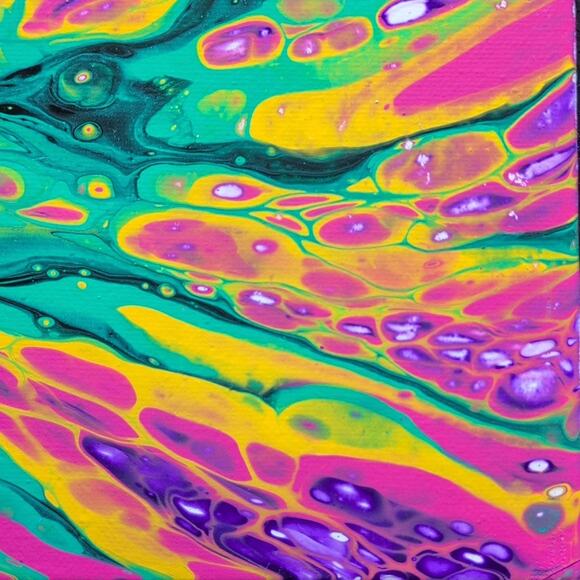 Handmade Acrylic Fluid Art  Bloom Pink Green Purple  Stretched Canvas 10"×10" - Picture 6 of 7